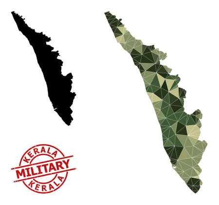 Low-Poly mosaic map of Kerala State, and scratched military stamp imitation. Low-poly map of Kerala State combined from randomized camo color triangles.のイラスト素材