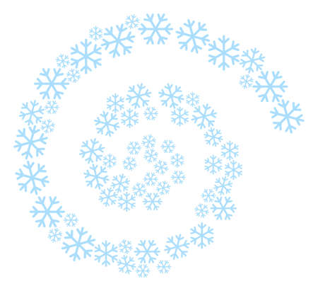 Snowflake icon spiral twist composition. Snowflake icons are scattered into twirl vector illustration. Abstract twirl designed from randomly placed snowflake icons.のイラスト素材