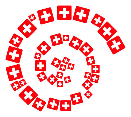 Medical box icon spiral swirl composition. Medical box symbols are formed into spiral vector illustration. Abstract spiral is combined from scattered medical box symbols.のイラスト素材