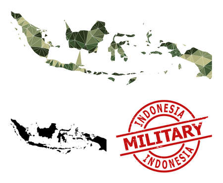 Low-Poly mosaic map of Indonesia, and distress military stamp imitation. Lowpoly map of Indonesia is combined with chaotic camo colored triangles.のイラスト素材