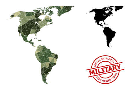 Low-Poly mosaic map of South and North America, and unclean military rubber seal. Low-poly map of South and North America is combined with chaotic camouflage colored triangles.のイラスト素材