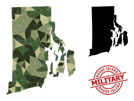Low-Poly mosaic map of Rhode Island State, and rubber military stamp seal. Low-poly map of Rhode Island State is combined of random camo colored triangles.のイラスト素材