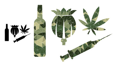 Camouflage low-poly collage addiction drugs icon. Low-poly addiction drugs pictogram is designed of scattered camouflage filled triangle parts.のイラスト素材