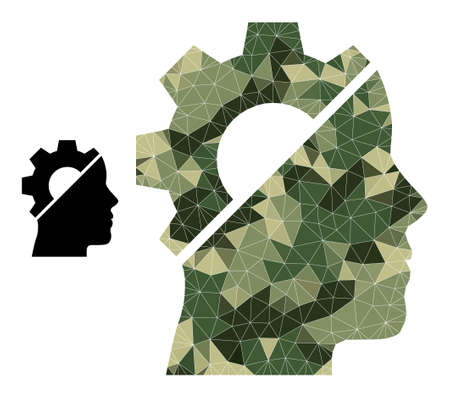 Camouflage triangle collage cyborg gear icon. Low-poly cyborg gear icon is designed with randomized camouflage colored triangle parts.のイラスト素材