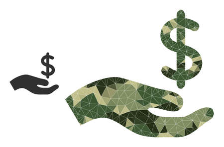 Camouflage low-poly collage dollar donation hand icon. Low-poly dollar donation hand icon is combined with chaotic camo filled triangle parts.のイラスト素材