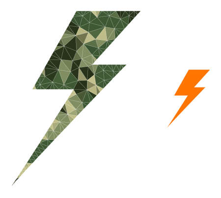 Camouflage triangle collage electric strike icon. Low-poly electric strike pictogram designed with scattered camouflage color triangle parts. Vector electric strike pictogram in camouflage army style.のイラスト素材