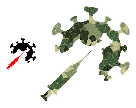 Camouflage triangle mosaic coronavirus vaccine injection icon. Lowpoly coronavirus vaccine injection icon is constructed from scattered camouflage color triangle parts.のイラスト素材