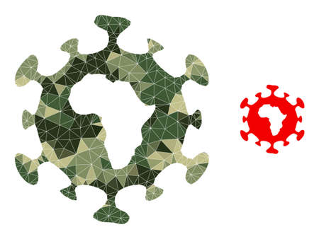 Camouflage lowpoly collage African coronavirus icon. Lowpoly African coronavirus icon is combined from random khaki colored triangles.のイラスト素材