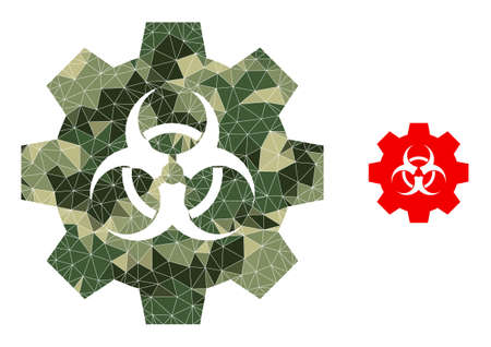 Camouflage low-poly mosaic biohazard industry icon. Low-poly biohazard industry icon is constructed with scattered camo filled triangles. Vector biohazard industry pictogram in camo army style.のイラスト素材