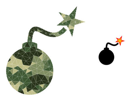 Camouflage triangle mosaic bomb ignition icon. Lowpoly bomb ignition icon is combined with chaotic camouflage colored triangles. Vector bomb ignition icon designed in camouflage military style.のイラスト素材