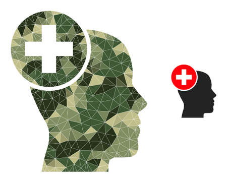 Camouflage low-poly mosaic head treatment icon. Low-poly head treatment pictogram constructed from random camo color triangle parts. Vector head treatment pictogram created in camo army style.のイラスト素材