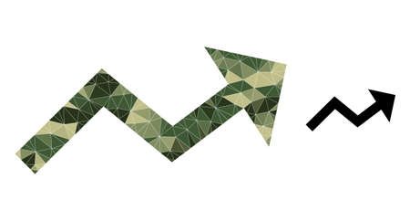 Camouflage low-poly collage growing trend arrow icon. Low-poly growing trend arrow icon is constructed of chaotic camouflage color triangle parts. Vector growing trend arrow icon in khaki army style.のイラスト素材