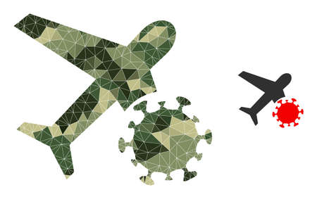 Camouflage triangulated collage infected airplane icon. Low-poly infected airplane icon designed with random camouflage color triangles.のイラスト素材