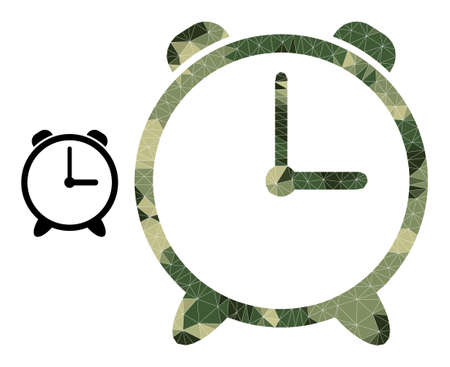 Camouflage low-poly mosaic alarm clock icon. Low-poly alarm clock icon designed of random camouflage colored triangles. Vector alarm clock icon designed in khaki military style.のイラスト素材