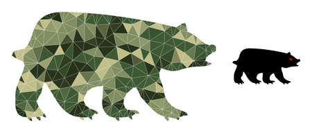 Camouflage lowpoly mosaic bear icon. Lowpoly bear icon is combined from random khaki filled...