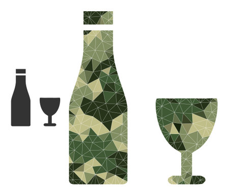 Camouflage low-poly collage alcohol drinks icon. Low-poly alcohol drinks pictogram designed with randomized camouflage colored triangle parts.のイラスト素材