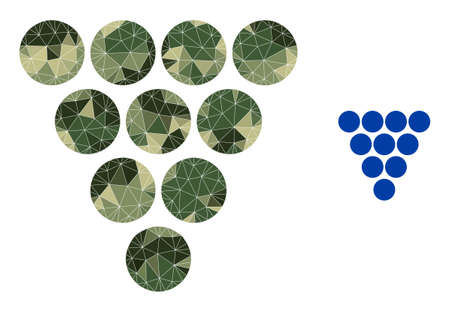 Camouflage triangle mosaic grapes icon. Lowpoly grapes icon is designed of random camo color triangle parts. Vector grapes icon in camouflage army style.のイラスト素材