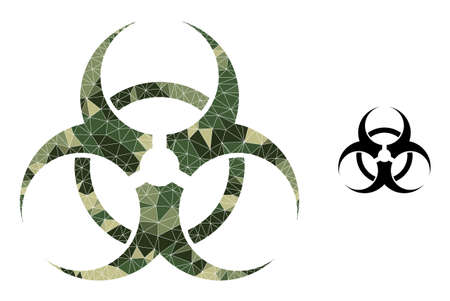 Camouflage low-poly collage biohazard icon. Low-poly biohazard icon designed of chaotic khaki filled triangle parts. Vector biohazard icon designed in camouflage army style.のイラスト素材