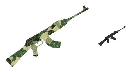 Camouflage lowpoly collage kalashnikov gun icon. Lowpoly kalashnikov gun icon designed of random camouflage colored triangles. Vector kalashnikov gun icon created in khaki army style.のイラスト素材