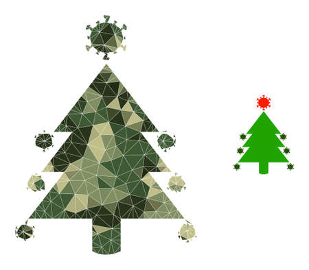 Camouflage lowpoly mosaic coronavirus fir-tree icon. Lowpoly coronavirus fir-tree icon constructed of random camouflage filled triangle parts.のイラスト素材