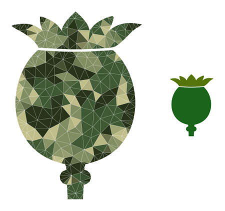 Camouflage low-poly collage poppy head icon. Low-poly poppy head icon is constructed with random camouflage colored triangle parts. Vector poppy head icon designed in khaki army style.のイラスト素材