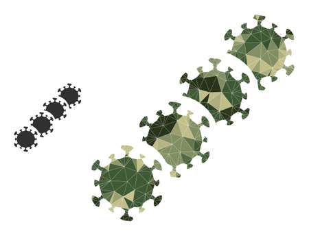 Camouflage lowpoly mosaic virus blockchain icon. Lowpoly virus blockchain pictogram combined of random camouflage color triangles.のイラスト素材