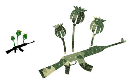 Camouflage low-poly collage opium poppy crime icon. Low-poly opium poppy crime icon is combined from chaotic khaki color triangle parts. Vector opium poppy crime pictogram in khaki military style.のイラスト素材