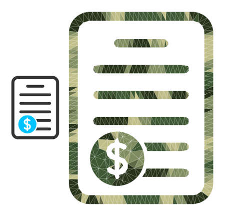 Camouflage low-poly mosaic price list icon. Low-poly price list pictogram combined from scattered camo colored triangle parts. Vector price list icon in camouflage military style.のイラスト素材