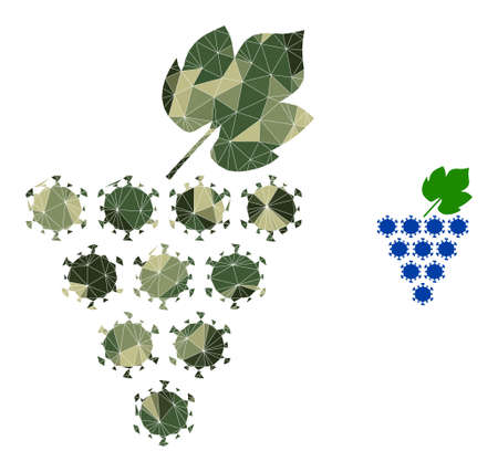 Camouflage low-poly mosaic virus grapes bunch icon. Low-poly virus grapes bunch pictogram is constructed with random khaki filled triangles.のイラスト素材