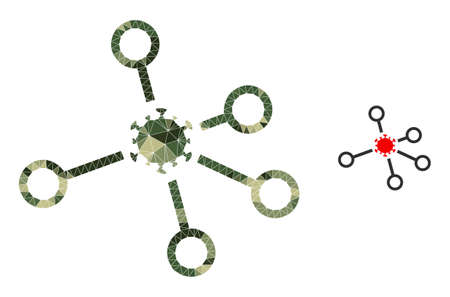 Camouflage triangle mosaic virus node links icon. Lowpoly virus node links icon designed from scattered khaki filled triangle parts. Vector virus node links icon in camouflage military style.のイラスト素材