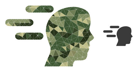 Camouflage low-poly collage rush mind icon. Low-poly rush mind pictogram combined with randomized khaki filled triangles. Vector rush mind pictogram created in khaki army style.のイラスト素材