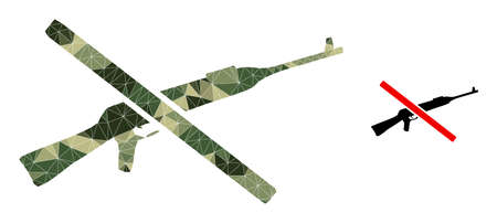 Camouflage triangulated mosaic stop kalashnikov gun icon. Low-poly stop kalashnikov gun icon designed from randomized camouflage color triangles.のイラスト素材