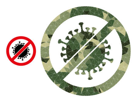 Camouflage triangle mosaic stop coronavirus icon. Low-poly stop coronavirus pictogram is designed from randomized camo color triangle parts.のイラスト素材