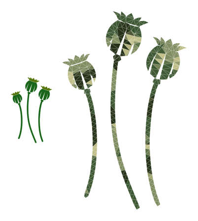 Camouflage triangle collage poppy plants icon. Lowpoly poppy plants pictogram designed from random khaki colored triangles. Vector poppy plants pictogram designed in camouflage army style.のイラスト素材