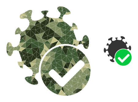 Camouflage lowpoly mosaic virus confirmed icon. Low-poly virus confirmed icon constructed from chaotic camouflage filled triangle parts. Vector virus confirmed icon designed in camouflage army style.のイラスト素材