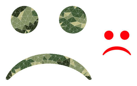 Camouflage low-poly collage sad smiley icon. Low-poly sad smiley pictogram is combined of randomized camouflage color triangle parts. Vector sad smiley pictogram in khaki military style.のイラスト素材