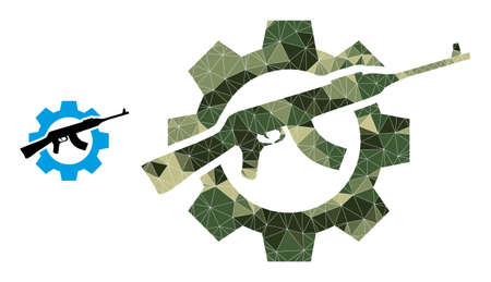 Camouflage low-poly mosaic weapon industry icon. Low-poly weapon industry icon combined with random camo colored triangle parts. Vector weapon industry icon designed in camo military style.のイラスト素材