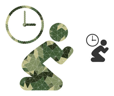 Camouflage lowpoly mosaic pray time icon. Lowpoly pray time icon is combined from chaotic camouflage filled triangles. Vector pray time pictogram in camouflage military style.のイラスト素材