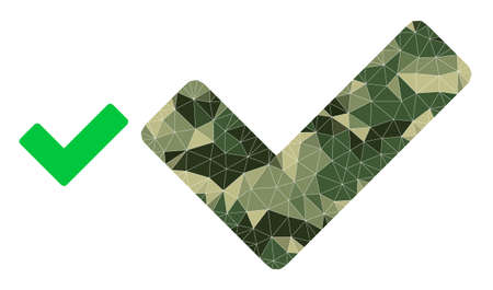 Camouflage triangle collage true icon. Lowpoly true icon is combined with randomized camo color triangle parts. Vector true icon created in khaki military style.のイラスト素材
