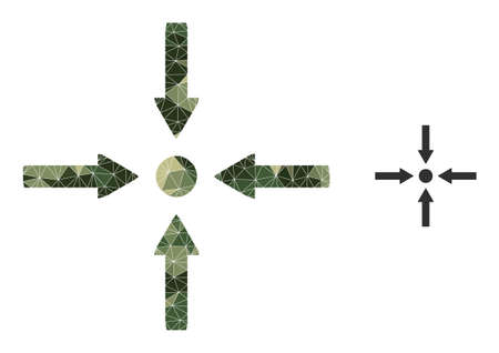 Camouflage low-poly mosaic meeting point arrows icon. Low-poly meeting point arrows pictogram constructed from chaotic khaki color triangle parts.のイラスト素材