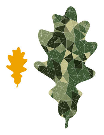 Camouflage low-poly collage oak leaf icon. Low-poly oak leaf icon designed from chaotic camouflage colored triangle parts. Vector oak leaf icon in camouflage army style.のイラスト素材