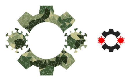 Camouflage triangle mosaic virus nanobot icon. Low-poly virus nanobot icon designed with randomized khaki filled triangle parts. Vector virus nanobot icon designed in camouflage army style.のイラスト素材