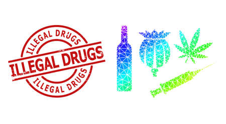 Illegal Drugs dirty stamp print and lowpoly spectral colored addiction drugs icon with gradient. Red stamp seal includes ILLEGAL DRUGS caption inside circle and lines template.のイラスト素材
