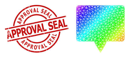 APPROVAL SEAL dirty badge, and lowpoly spectrum colored banner icon with gradient. Red stamp seal contains APPROVAL SEAL title inside circle and lines form.のイラスト素材