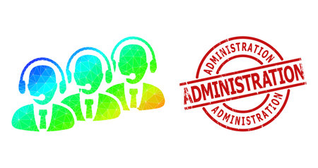 ADMINISTRATION unclean badge, and lowpoly spectral colored call center staff icon with gradient. Red stamp seal contains Administration text inside circle and lines template.のイラスト素材