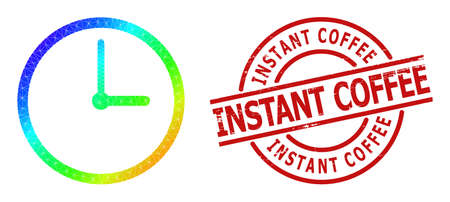 Instant Coffee scratched stamp print, and low-poly rainbow colored clock icon with gradient. Red stamp seal has Instant Coffee caption inside round and lines template.のイラスト素材