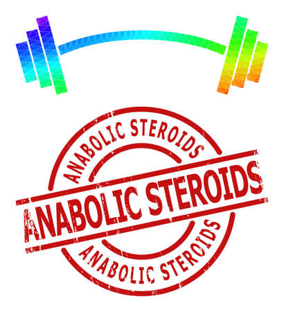 ANABOLIC STEROIDS grunge stamp print and low-poly spectral colored heavy barbell icon with gradient. Red stamp seal includes ANABOLIC STEROIDS text inside round and lines template.のイラスト素材