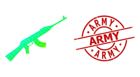ARMY rubber stamp seal and lowpoly rainbow colored gun icon with gradient. Red stamp includes Army title inside circle and lines template.のイラスト素材
