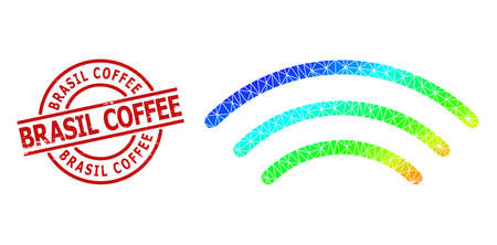 Brasil Coffee grunge stamp imitation, and lowpoly rainbow colored radio waves icon with gradient. Red stamp seal includes BRASIL COFFEE text inside round and lines shape.のイラスト素材