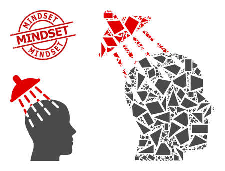 Simple geometric brainwashing mosaic and MINDSET unclean stamp imitation. Red stamp has Mindset text inside round and lines shape. Vector brainwashing icon collage is combined of random triangles,のイラスト素材